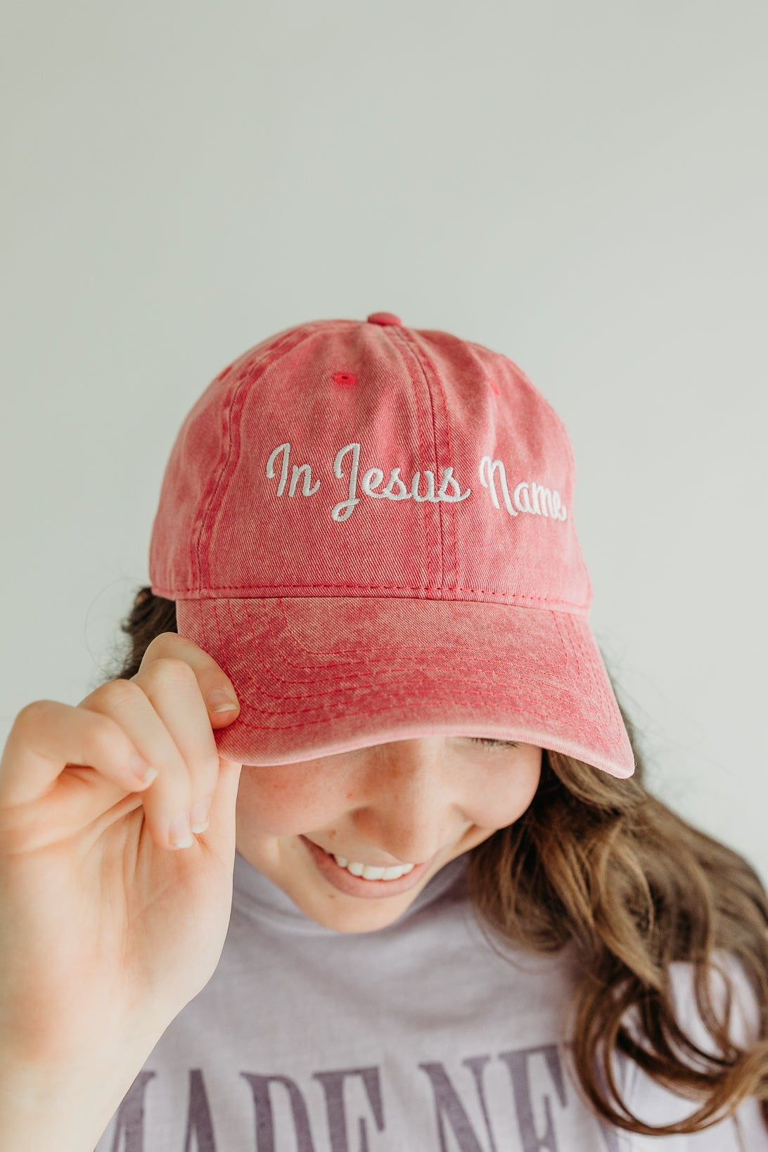 In Jesus Name Embroidered Distressed Cap