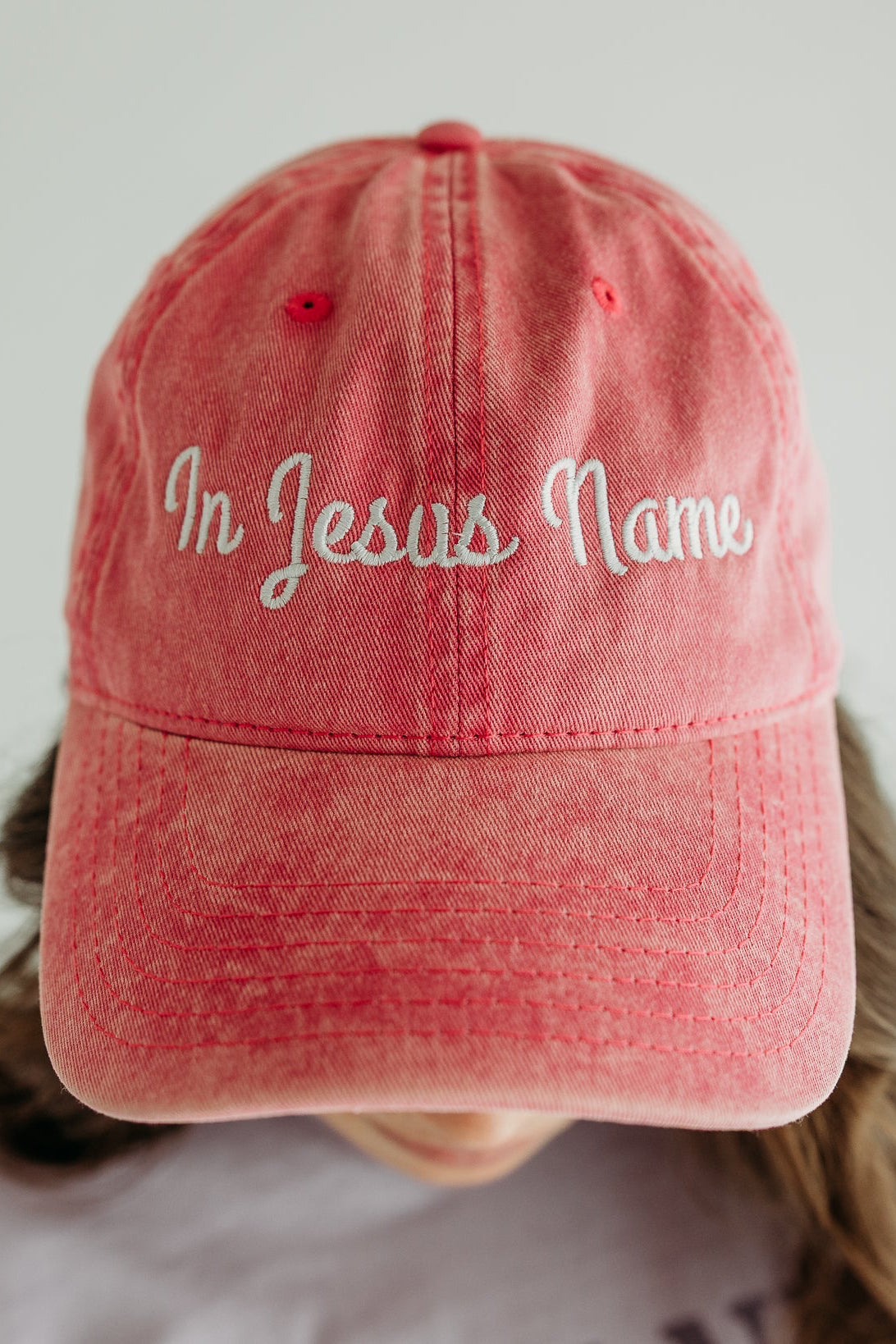 In Jesus Name Embroidered Distressed Cap